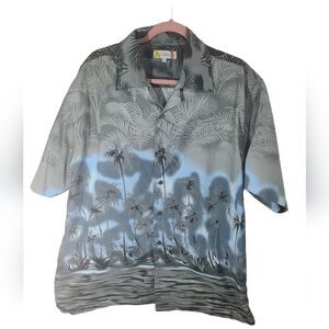 ALOHA Joe Hawaiian Palm Print Button Up Short Sleeve Gray Multi Shirt Size XL